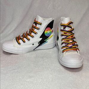 *~Converse~* White Lightening High-Top Sneakers with Rainbow Laces